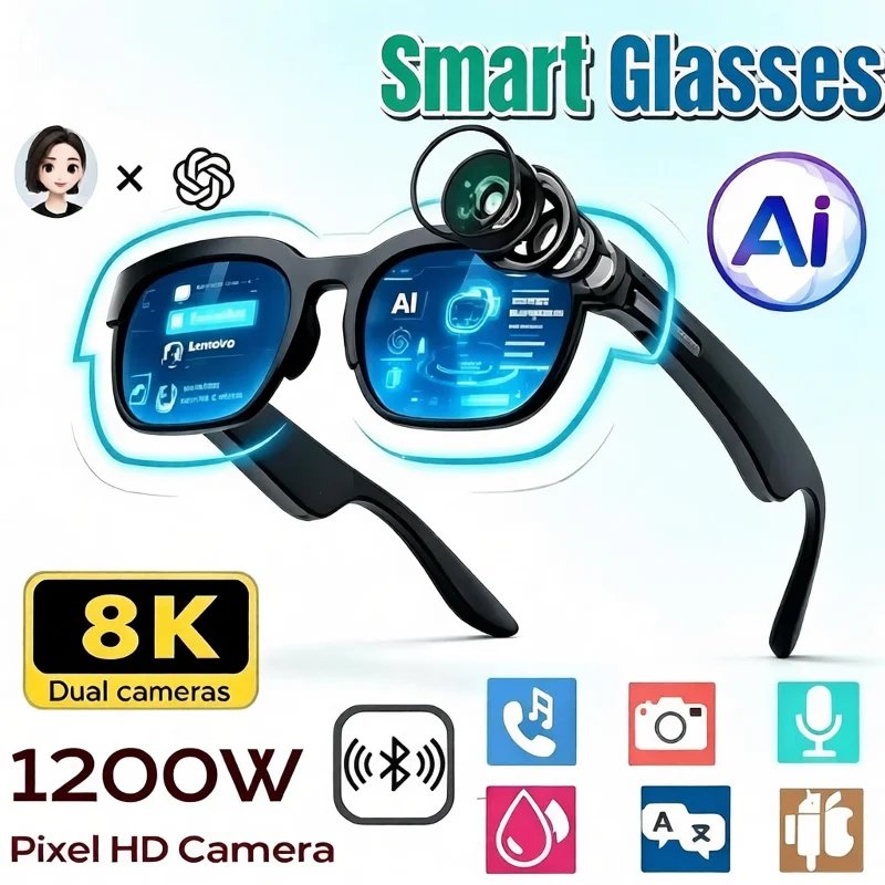 Lunettes Intelligentes IA avec Caméra HD 8MP, Prise de Vue 8K, Traduction IA en Temps Réel, Écouteurs Bluetooth 6.0, Enregistrement d
